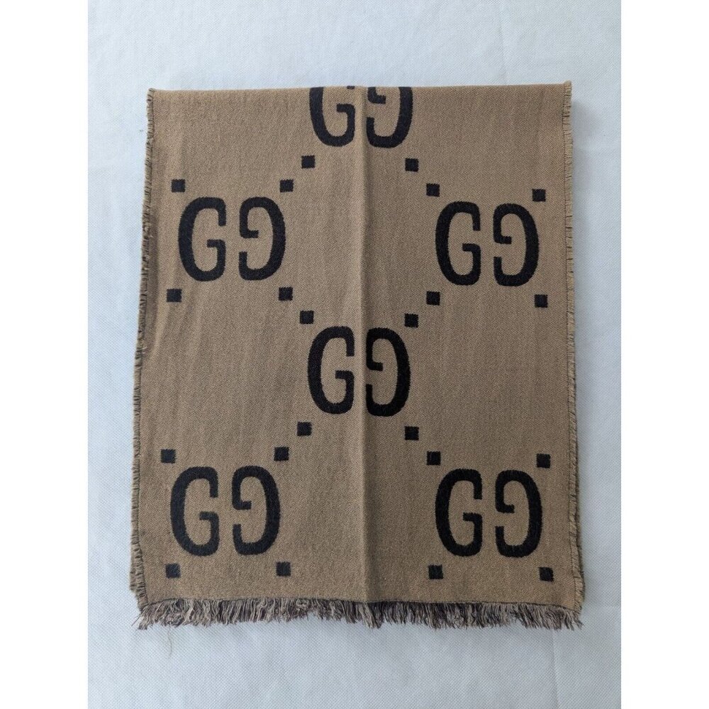 Gucci Jacquard GG Monogram Pattern Wool Silk Scarf Brown/Beige Made in Italy. - Picture 4 of 6